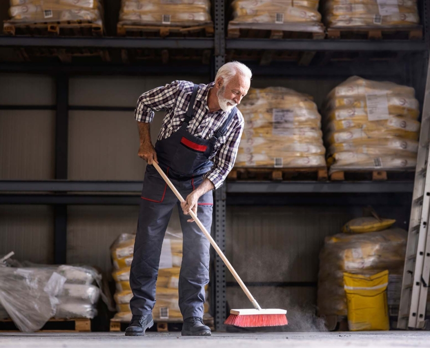 factory worker is brooming factory hall_