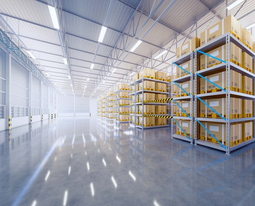 Warehouse or industry building interior. known as distribution center, retail warehouse. Part of storage and shipping system_