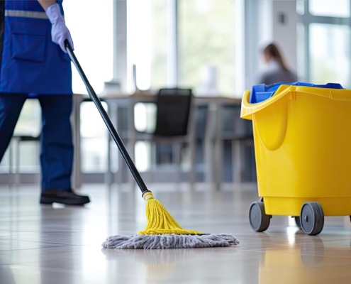 Side view of a custodian mopping the floor with janitorial equipment in the frame