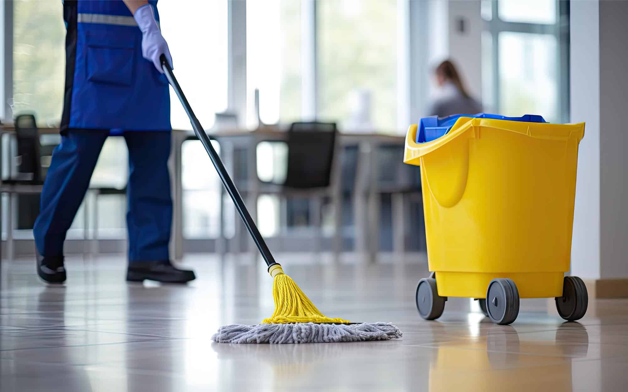 Side view of a custodian mopping the floor with janitorial equipment in the frame