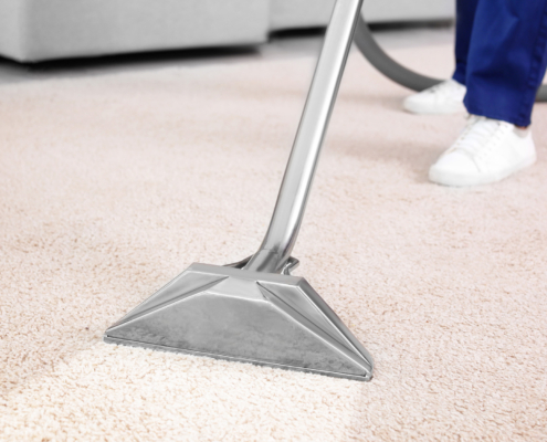 Worker removing dirt from carpet indoors, closeup. Cleaning service